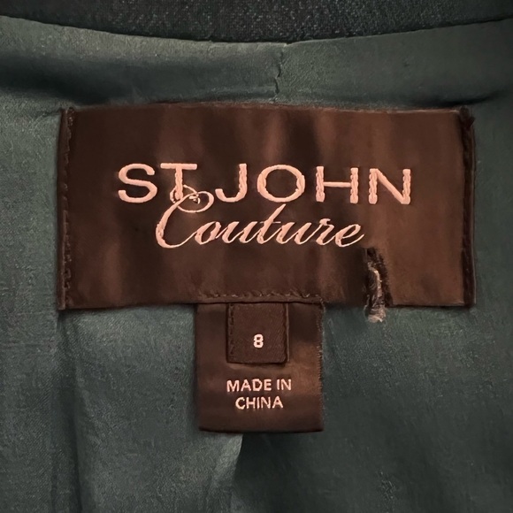 ST. JOHN COUTURE Sharkskin Silk Wool Blend Teal Open Front Jacket Blazer Size 8 - Picture 8 of 10